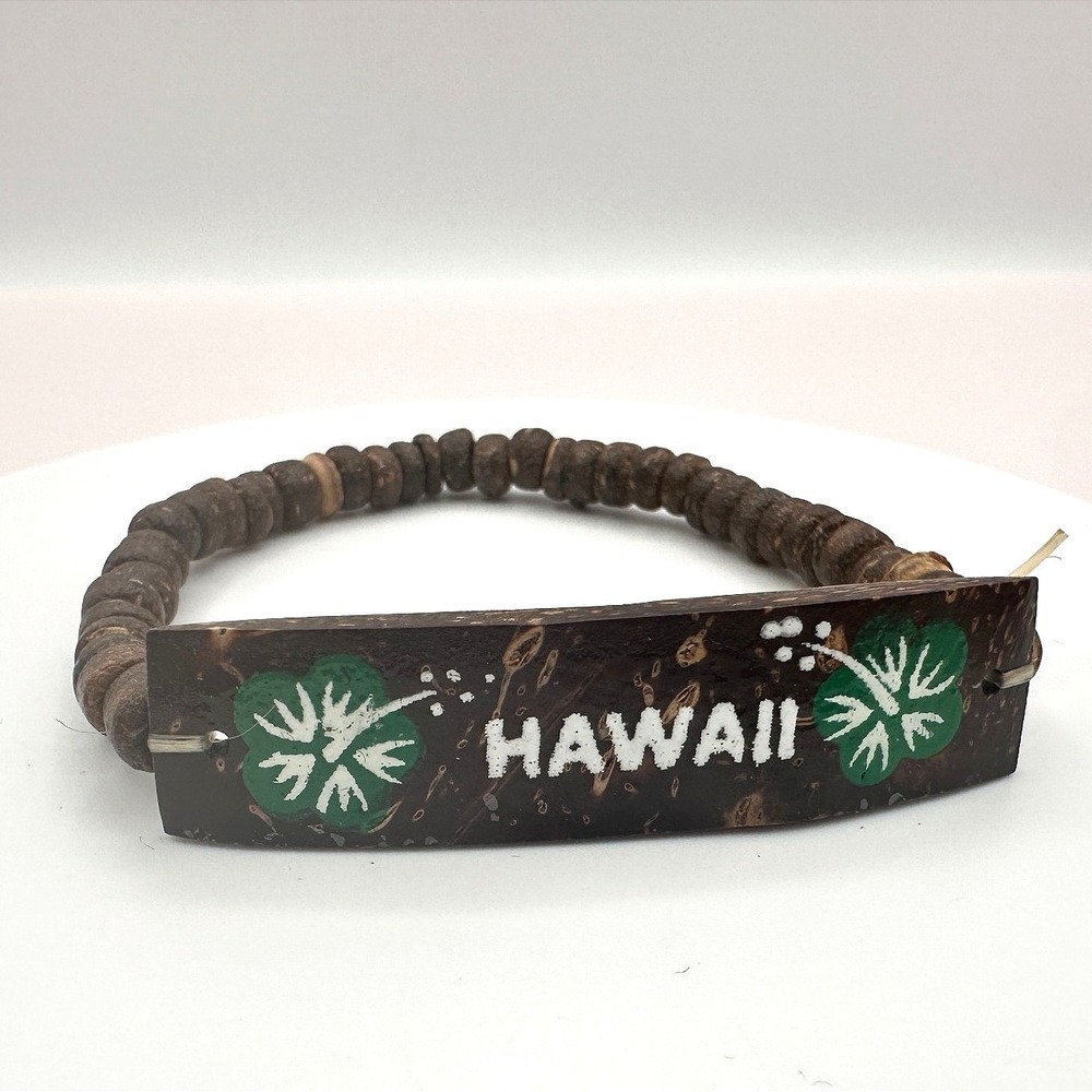 Vintage 90s Hawaii‎ Coconut Shell Hand Painted Hibiscus Floral Beaded Bracelet